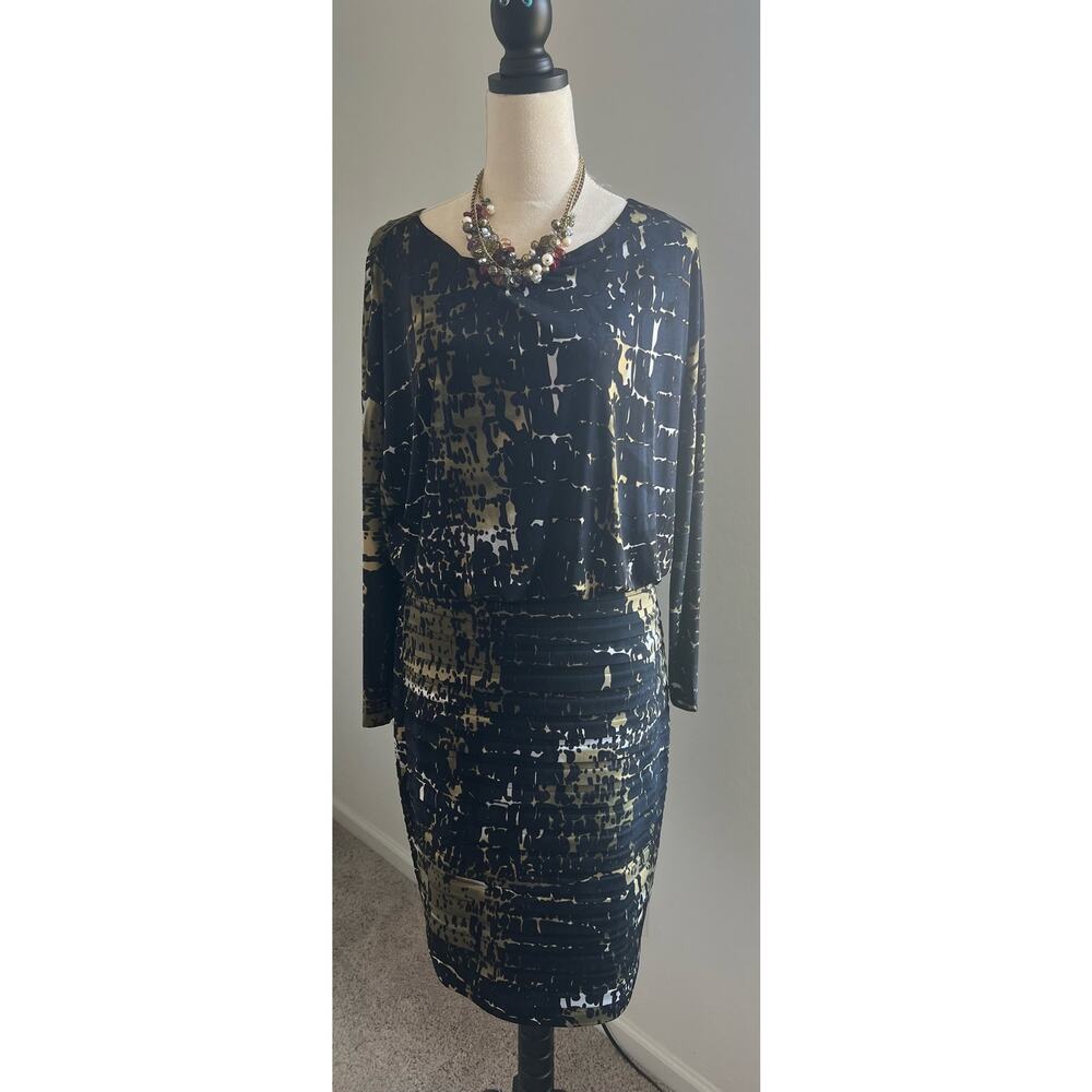 Adrianna Papell‎ Banded Abstract Print Jersey Blouson Dolman Sleeve Boat Neck 12